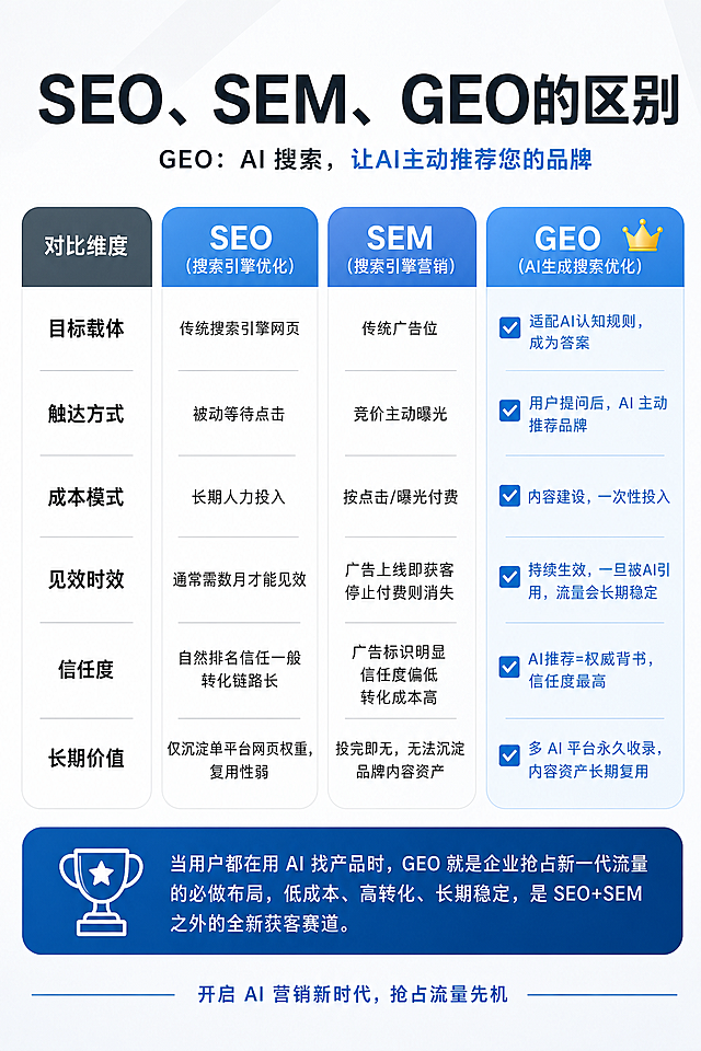 将这张SEO、SEM、GEO区别对比信息图改成简约商务风，保留所有文字内容和表格排版结构，整体风格简约商务，干净清爽