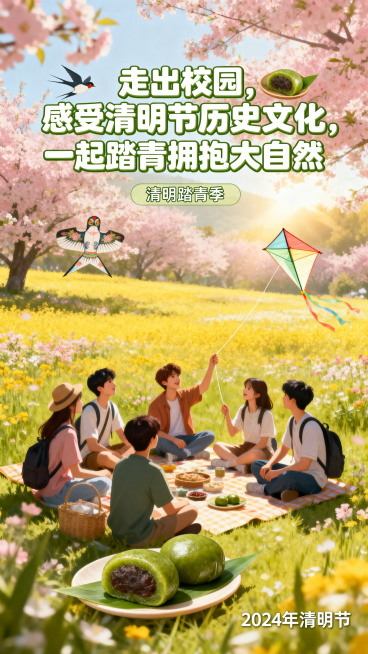 清明节踏青主题海报，画面展现春日漫山遍野的花海，年轻学生们在草地上野餐放风筝，融入青团、纸鸢等清明节传统元素，配文走出校园，感受清明节历史文化，一起踏青拥抱大自然，整体风格明快活泼春意盎然。预览效果