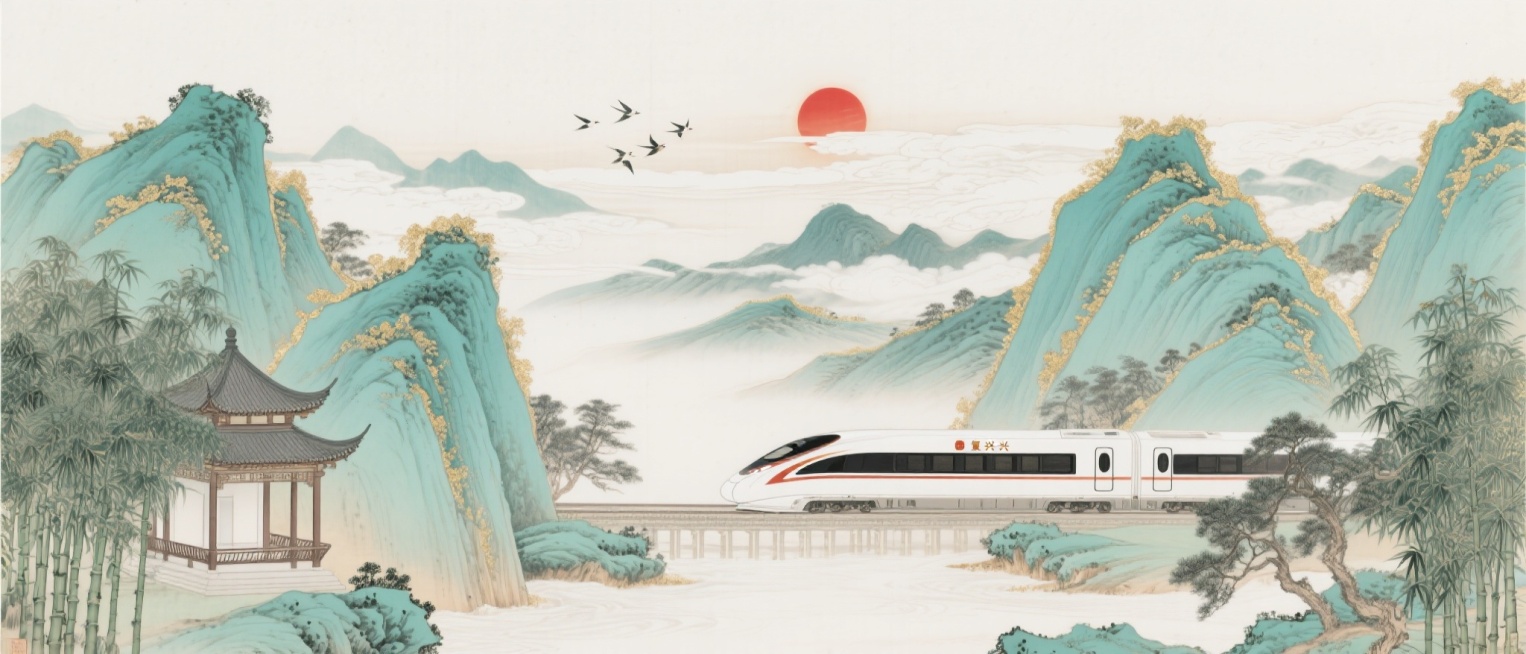 新中式工笔山水画，前景两侧竹林掩映中式楼亭，复兴号列车穿行于绵延山峦间，灵感源自《千里江山图》构图，山体边缘描金，背景留白，水墨渲染与工笔细节结合，青绿色雅致，传统与现代元素交融，构图平衡，红日高悬，预览效果