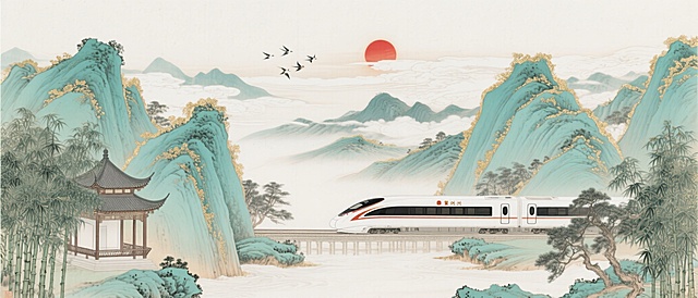 新中式山水画，前景两侧竹林掩映中式楼亭，复兴号列车穿行于绵延山峦间，灵感源自《千里江山图》构图。画面边缘描金，背景纯净留白，呈现柔美质感与分明层次，水墨渲染与工笔细节结合，青绿设色雅致，传统与现代元素交融。