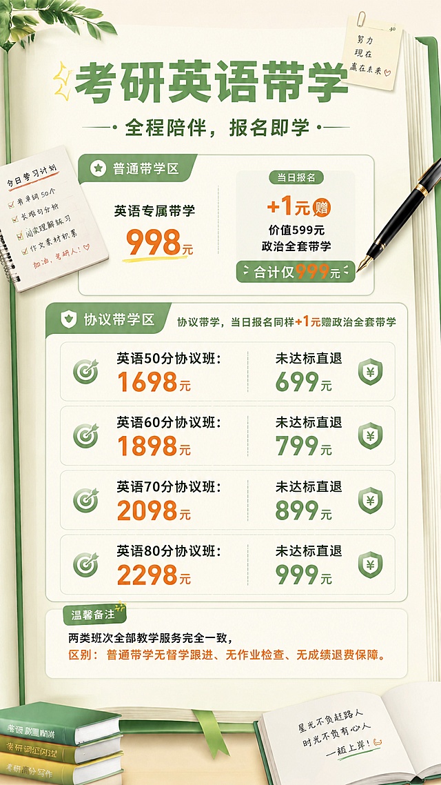参考图1的绿色清新学习风格、版式结构和装饰元素，将图2的全部文字内容和价格信息替换到该风格中，完整保留图2的价格：普通带学英语专属带学998元，当日报名+1元赠599元政治全套带学合计999元；协议班英语50分1698元退699，英语60分1898元退799，英语70分2098元退899，英语80分2298元退999，以及温馨备注内容，版式和配色与图1保持一致，9:16竖版，分辨率4k