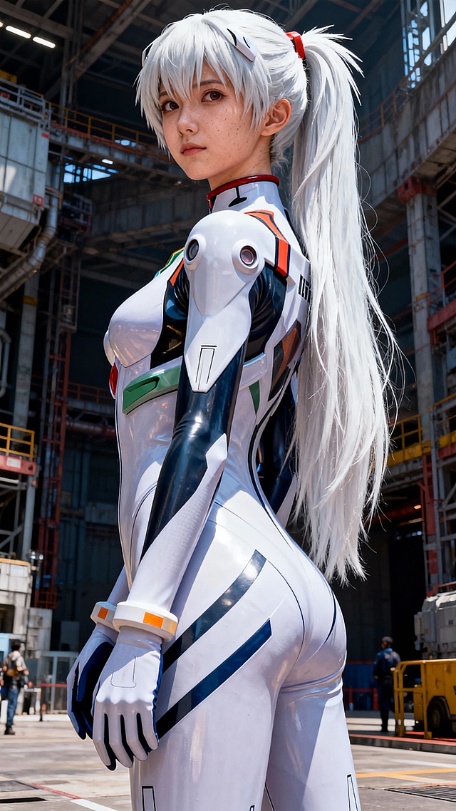 杰出的，最佳质量，高分辨率，真实人像，角色扮演cosplay ，巨大化真希波·凌波丽。她有着标志性的白色色头发，高马尾长发