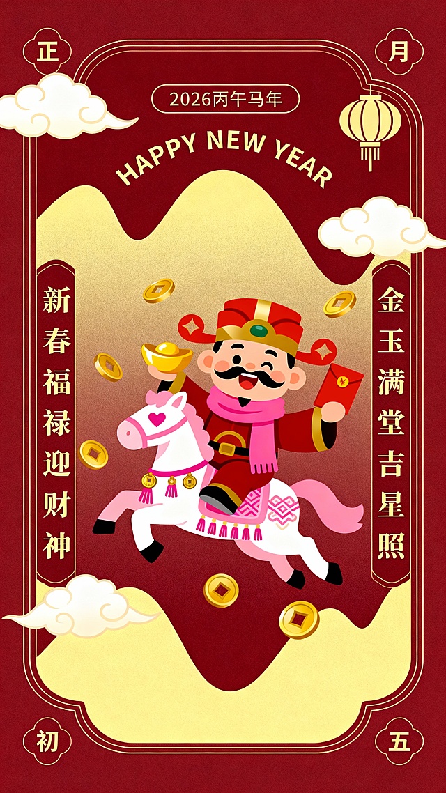 Q 版，纯扁平风，色块，背景为深红色，搭配浅黄色山峦、祥云与灯笼元素。财神爷戴红金相间的官帽，微笑，粉色围巾，胡子，一手持金色元宝，一手持红包，坐在一匹粉白配色的马上。可爱小马装饰着粉色爱心和金色铜钱和粉色流苏纹样，周围环绕金色元宝、铜钱。马和财神爷腾跃在空中。

主体内容（主体和背景）被金色线条填充深红渐变浅黄的圆角矩形边框包围，边框上方标注 金色细线“2026 丙午马年” 和 “HAPPY NEW YEAR”，边框左右两侧是竖排金色字体的吉祥对联：“新春福禄迎财神” 与 “金玉满堂吉星照”，边框四角点缀 “正、月、初、五” 字样。