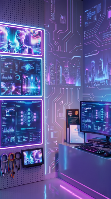 将洞洞板区域替换为荧光屏幕显示效果，保持原有布局，整体为赛博朋克AIGC主题，霓虹荧光发光效果，9:16比例预览效果