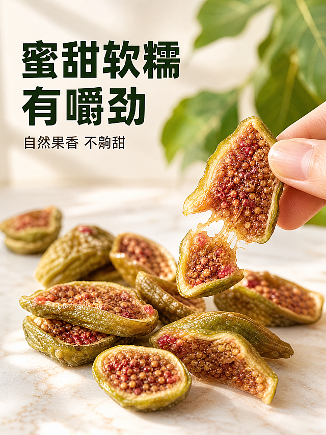 威海青皮无花果干手持展示图，纯果干无包装。一只手（只显示手指部分）轻轻捏着一块掰开的无花果干，切面朝向镜头，展示厚实的果肉和饱满的红籽，果肉有微微拉丝的蜜润质感。手下方散落着多块无花果干，有的完整有的切开，摆放在米白色的大理石台面上，台面有自然纹理。背景是虚化的浅绿色无花果叶，阳光从窗边斜射进来，形成温暖的光影。ins简约干净风格，米白+浅绿色配色，8K高清生活方式实拍质感，柔和自然光。画面左侧大标题："蜜甜软糯 有嚼劲"，粗黑体深绿色；下方小字："自然果香 不齁甜"，细黑体深棕色。无包装无罐无袋，纯果干手持展示。比例3:4，2K高清，文字清晰，无水印无logo，无卡通元素。