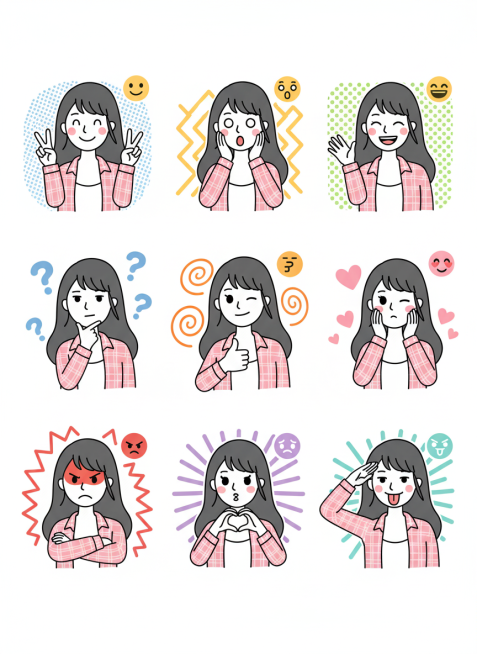 保持人物主体不变，创作一组简笔画风格表情包，搭配一些emoji图标，包含表情不同、姿势不同的九宫格表情包预览效果