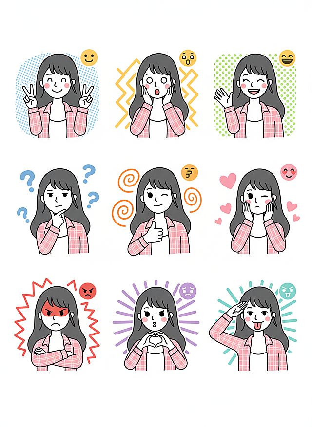 可爱感插画风表情包，卡通描边设计，融合emoji元素与平面设计手法，展现丰富情绪表达。