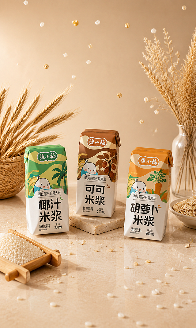 米浆饮料产品，严格参照上传产品图，完整保留所有可见组件、部件、轮廓形状、结构、比例、材质质感、颜色与产品本体上的所有文字信息（logo/品名/规格/图案），与上传图完全一致；自然融入场景光影，与场景共处同一物理空间。
室内暖调美食棚拍场景，米杏暖棕色调，温馨治愈的食品饮料氛围。
三盒米浆饮料（椰汁米浆/可可米浆/胡萝卜米浆）呈品字形组合陈列于画面中央，周围搭配谷物食材与麦穗元素。
柔和暖调侧顶光，产品受光面泛起暖米杏色、暗部映射浅棕谷物色光晕，与环境物理融合，无生硬抠图感。
产品位于画面视觉中心，中景构图，产品占画面约55%，完整不裁切，背景无其他同类产品。
动态感：空中悬浮散落的米粒与谷物颗粒，营造轻盈鲜活的动态张力。
场景元素：①左下角，木制小方铲盛放白米；②左侧，草编篮插金黄麦穗；③右侧，米色陶瓷小碗装满糙米；④右上角，透明玻璃花瓶插干花穗；⑤承载面，米白色哑光石质台面；⑥背景，暖杏色渐变柔焦墙面。
4K 超写实商业摄影，细腻材质表现，严格锁定宽高比为 3:5。