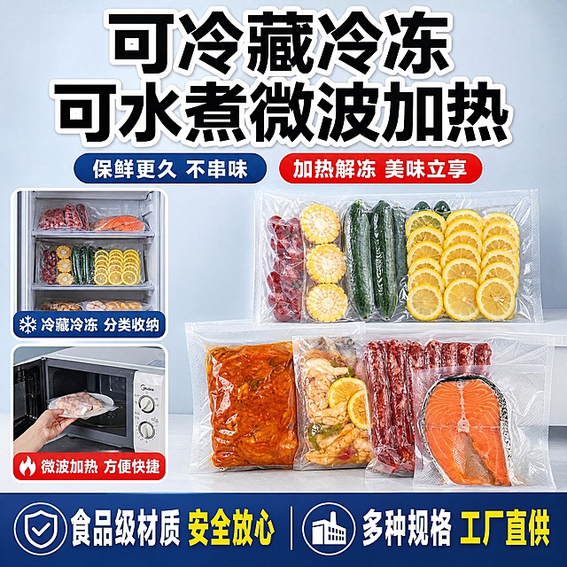 [单张主图] 食品密封保鲜袋 1688平台爆款促销感主图 1:1比例 目标是3秒内传达卖什么 强在哪 为何现在买 突出可冷藏冷冻与可水煮微波炉加热两大核心卖点 体现源头工厂品质与高性价比

[画面主体] 画面主体为透明食品密封保鲜袋 保持与输入产品图一致的外观 透明袋身 密封封口 袋内装有分类好的生鲜食材 包括柠檬片 玉米段 黄瓜 三文鱼 腊肠 虾仁等 袋身通透有质感 密封边清晰可见 主体占画面约55% 位于画面中右侧 多袋整齐陈列 展示不同食材分装效果 产品外观 材质 颜色 结构必须与输入图完全一致

[构图版式] 采用顶部大标题型版式 三段式结构 顶部28%区域放主标题和核心卖点标签 中部55%放产品主体与场景 底部17%放通栏信息条承接核心利益点

[场景元素] 背景为浅灰蓝色渐变 干净明亮 体现家居厨房收纳感 左侧搭配冰箱内部收纳场景小图 展示多袋保鲜袋整齐摆放在冰箱层架上 分类清晰 右侧搭配微波炉加热场景小图 展示一只手将装有食材的保鲜袋放入微波炉内的动作 两个场景小图用圆角白色边框包裹 下方配简短说明 底部通栏用深蓝色块 突出核心权益

[文案版式] 顶部主标题为两行超大粗黑体白字加黑色描边 第一行「可冷藏冷冻」 第二行「可水煮微波加热」 字号最大 位于画面顶部居中 主标题下方配两个圆角标签 左侧蓝色标签写「保鲜更久 不串味」 右侧红色标签写「加热解冻 美味立享」 中部左侧冰箱场景图下方配小字「冷藏冷冻 分类收纳」 中部右侧微波炉场景图下方配小字「微波加热 方便快捷」 底部通栏左侧写「食品级材质 安全放心」 右侧写「多种规格 工厂直供」 所有文字清晰可读 不遮挡产品主体 字体统一用粗黑体 主标题最大 标签文字次之 说明文字最小

[光影质感] 商业摄影质感 主光从左上方打来 柔和均匀 保鲜袋透明材质有自然高光和折射 袋内食材颜色鲜艳真实 冰箱场景冷色调 微波炉场景暖色调 整体光影干净 产品有轻微接触阴影 不悬浮

[配色字体] 主色为浅灰蓝背景 辅助色为深蓝 正红 白色 强调色为亮黄 字体全部使用粗黑无衬线体 主标题字重最粗 标签字重中等 说明文字字重常规 文字与背景强对比 浅底深字 深底浅字

[比例分辨率] 1:1比例 2K分辨率 文字清晰可辨 产品细节清楚

[负向提示词] 禁止变形 禁止错字 禁止糊字 禁止水印 禁止平台Logo 禁止主体遮挡 禁止背景杂乱 禁止低清晰度 禁止错误结构 禁止保鲜袋穿模 禁止食材悬浮 禁止人物面部扭曲 禁止多余手指