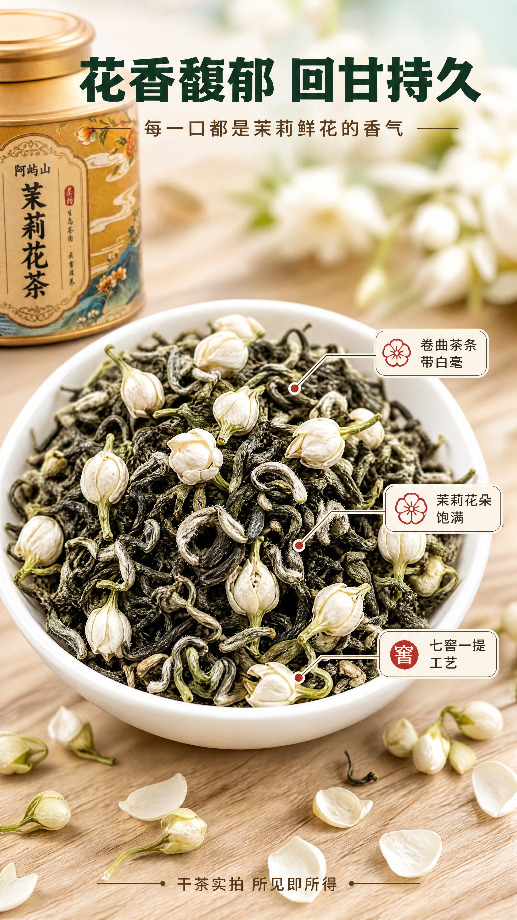 [商品] 使用【图1】阿屿山茉莉花茶金色铁罐辅助展示；保留罐体… - 图片创意预览