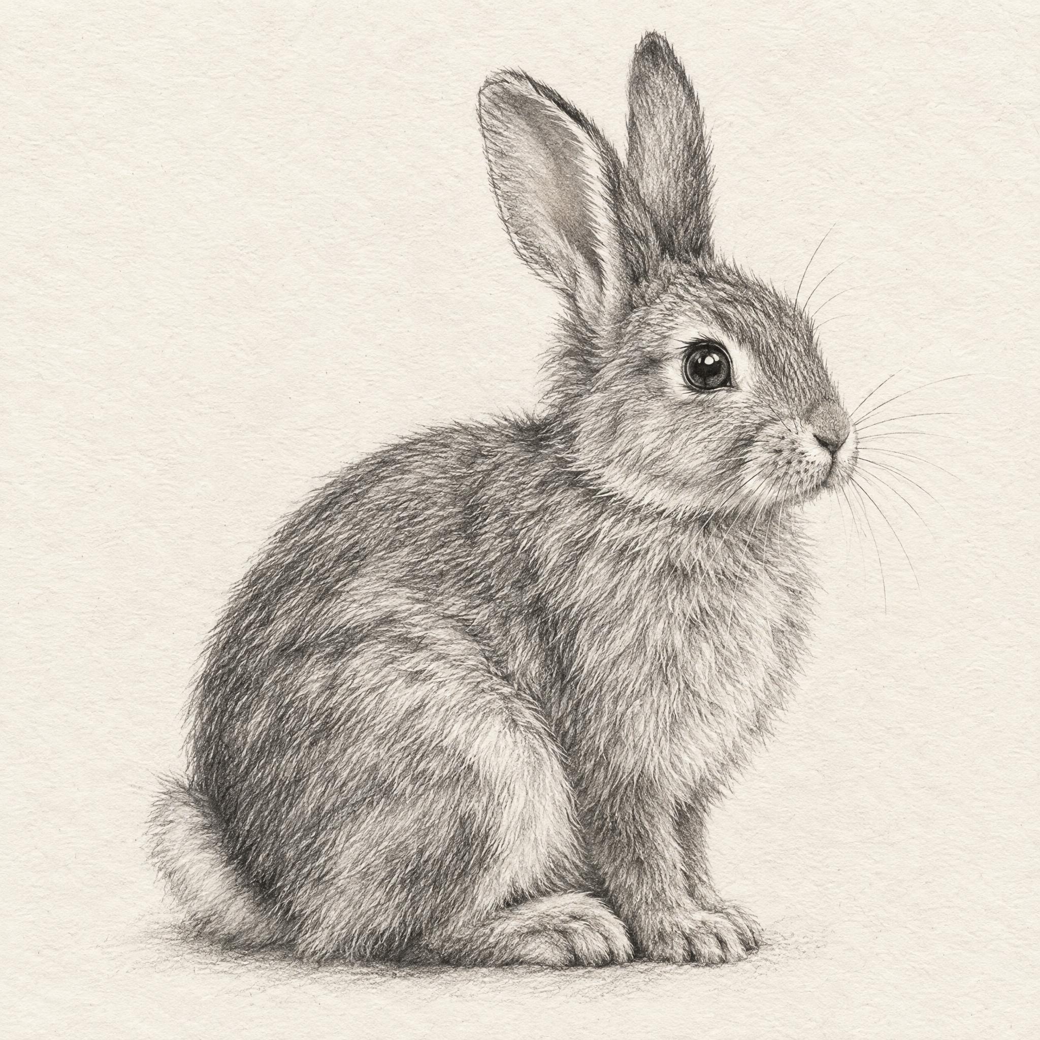 一幅精致的兔子铅笔素描画：一只侧身蹲坐的兔子，长耳朵微微竖起，… - 图片创意预览