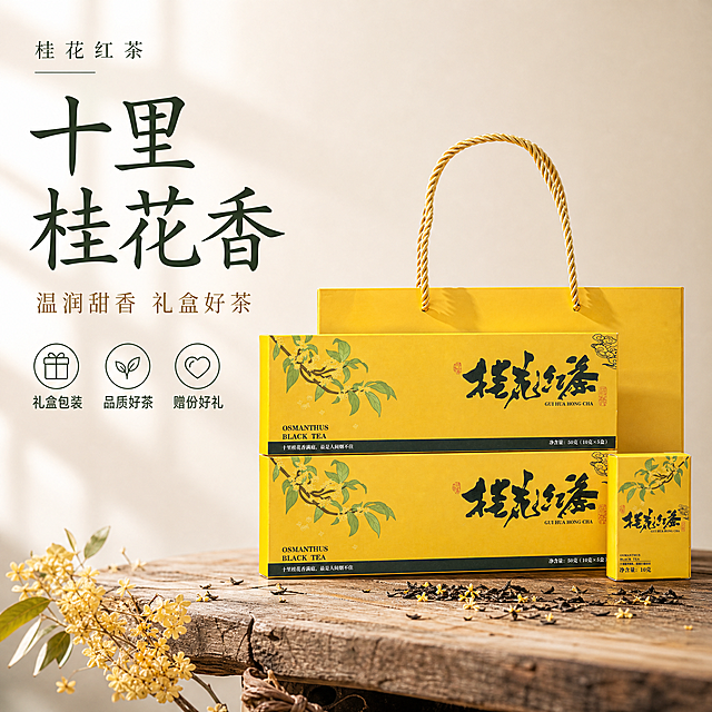 [单张主图] 桂花红茶礼盒茶叶，高级氛围感主图，同时承担点击理解信任转化。
[画面主体] 桂花红茶礼盒套装居中展示，包含两个长盒一个手提袋一个小盒；礼盒主体呈暖黄色，带有桂花枝叶纹样和黑色书法字体品牌名；保持产品外观、包装结构、材质颜色、文字信息与输入产品图一致，杜绝任何变形色差，精细化处理包装纹理。商品主体占比约50%，居中位置，画面完整不裁切。
[构图版式] 采用左文右物场景型版式，左侧大面积留白，产品放右侧放大，底部用原木茶台承托。
[场景元素] 背景为浅米白渐变低饱和色调，搭配真实干桂花和舒展红茶茶叶散落在茶台上，营造自然雅致的中式茶饮氛围，背景干净不抢主体。底部放置3个线稿图标卖点。
[文案版式] 左上角留白左对齐排列，品牌小字"桂花红茶"深墨绿细体；主标题"十里桂花香"大号中文书法字分行排版，古雅厚重；副标题"温润甜香 礼盒好茶"浅棕小号细体，补充品质表达。三个线框图标横向排列在底部，分别标注：「礼盒包装」「品质好茶」「赠份好礼」，字体纤细清晰，字色深绿与整体协调。
[光影质感] 自然柔和侧窗光，主光从左侧斜射，突出礼盒纸张纹理和暖黄色调；辅光补亮右侧暗部，产品投影自然柔和，浅景深虚化背景，整体通透干净，呈现高级静物摄影质感。
[配色字体] 主色调暖黄（产品包装提取），辅助色米白、浅棕、深墨绿；主标题用书法字体，厚重有韵味，辅助文字用细衬线字体，字重克制，层次分明。
[比例分辨率] 1:1 比例，2048x2048像素，2K分辨率，文字清晰可辨，画面超高清。
[负向提示词] 变形，水印，文字错乱，产品图模糊，背景杂乱，主体遮挡，错字，伪Logo，结构错误，过度锐化，廉价HDR