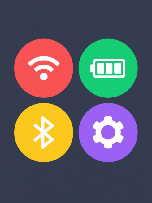 一组四个规整排布的圆形图标，每个图标均为纯色背景、白色简约符号设计，保持相同的极简扁平风格与元素类目。从左到右、从上到下依次为：1. 红色圆形背景中的白色Wi-Fi信号符号，2. 绿色圆形背景中的白色电池满格符号，3. 黄色圆形背景中的白色蓝牙符号，4. 紫色圆形背景中的白色设置齿轮符号，所有图标边缘平滑无毛刺，色彩饱和鲜明，整体呈田字格整齐排列。预览效果