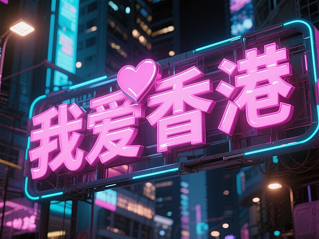 正面视角灯牌效果，城市夜间3D灯牌文字，文字内容为“我爱香港“，美式街头，赛博朋克，文字配色为粉色系，爱心等元素装饰