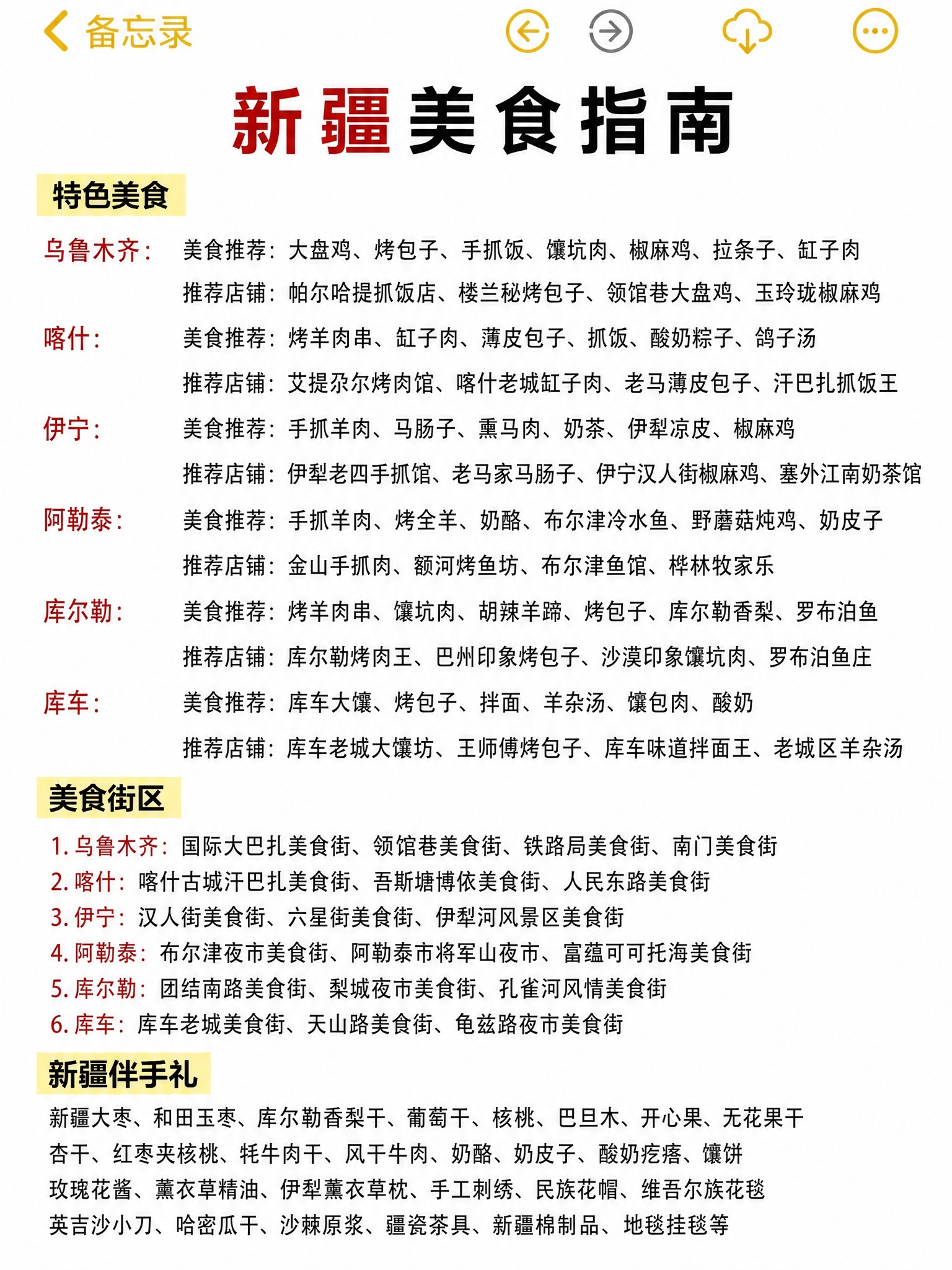仿造参考图的备忘录排版风格，制作一张新疆美食指南长图，白底黑字… - 图片创意预览