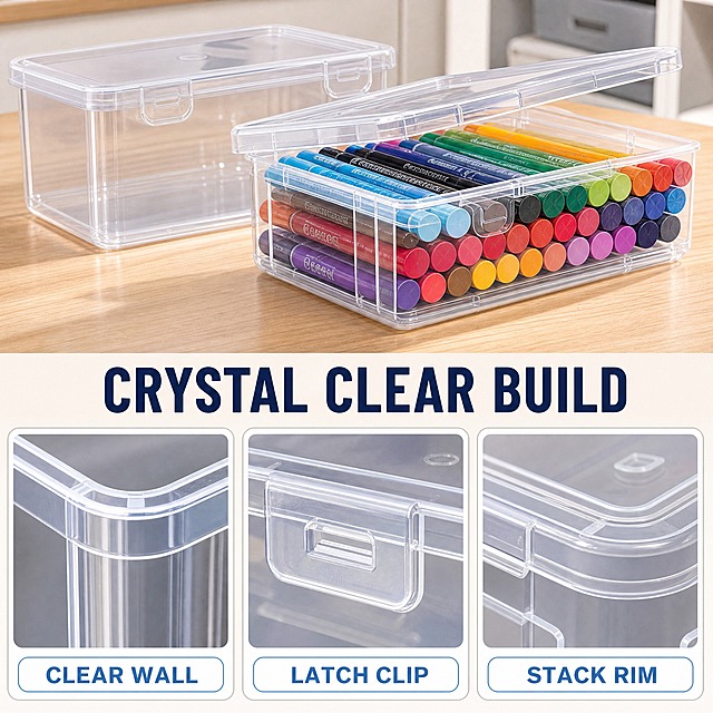 [主图-3] Clear Stackable Storage Boxes with Lids — See-Through Organizer Cases for Pens Markers Craft Supplies and Small Parts 材质与做工细节图。唯一任务：用微距证明透明盒体与盖扣三处不同部位的做工，聚焦盒壁与圆角边缘、卡扣锁紧结构、盒盖平面与叠放接触面；本图不重复透明可视说明、尺寸参照与整理步骤。
[统一基调] 明亮通透的桌面收纳电商信息图；暖白与浅灰白底、原木桌面与浅灰柜内为环境色；主标题深海军蓝，辅助文案中灰，强调色清透蓝；全套只用一种几何无衬线粗体字，标题最粗最大、辅助文案缩小五成以上且只变字号层级不换字体；组件统一为 12px 圆角白卡配 1px 浅灰描边与 2px 线性图标；光影统一左上方明亮柔光、产品下方自然接触阴影。
[画面] 画面上方约 45% 为产品主视觉：一只空盒与一只装满彩色笔的盒子错落摆放，盒盖半开、露出盖体与盒口配合关系；下方为三张等宽白色圆角证据卡横向排列：第一张为盒壁与边角微距，以侧逆光呈现透明壁厚与扫圆角边缘的透亮感；第二张为卡扣微距，呈现扣体与盒口的贴合、锁紧结构与干净接缝；第三张为盒盖平面与叠放接触面微距，呈现盖面平整度与凹槽定位边缘；每张卡片下方配一个短标签，分别写 "CLEAR WALL"、"LATCH CLIP"、"STACK RIM"；主标题 "CRYSTAL CLEAR BUILD" 放在主视觉与卡片之间的留白区。
[光影质感] 侧逆光突出透明壁厚与边缘透亮感，白卡内部保持左上光向，透明件边缘有细亮线但不刺眼，接触阴影真实。
[配色] 暖白与浅灰白底；深海军蓝标题、中灰说明文字；清透蓝仅作标签描边与强调色；卡片为白色 12px 圆角配 1px 浅灰描边。
[文字版式] 沿用统一几何无衬线粗体；主标题最粗最大，卡片标签缩小五成以上；全部横排，不压主体。
[输出要求] 比例 1:1（2048×2048），微距细节清晰可辨；负向：盒体变形、卡扣位置错误、透明件发白或发黄、虚假结构、中文文字、错字、卡片风格不一致、模糊、水印、平台 Logo。
