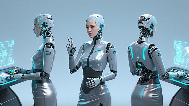未来感3D机器人，拟人设计，金属质感，科技界面，展现智能时代魅力。