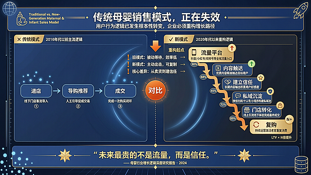 信息图表，16:9，页面标题"传统母婴销售模式，正在失效"，内容展示用户行为变化，对比以前：进店 → 导购推荐 → 成交，现在：流量平台 ↓ 内容触达 ↓ 建立信任 ↓ 私域沉淀 ↓ 门店转化 ↓ 复购，底部金句文字"未来最贵的不是流量，而是信任。"，数据可视化流程图风格，清晰排版，商务商业设计