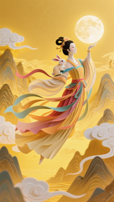 大全景，嫦娥飞天托月，（悬浮在空中，裙摆飘逸，飞舞，和玉兔对视，极致的动态），肩膀上有一只玉兔（乖巧可爱），金色仙境：层峦叠嶂的山脉，白色祥云环绕，黄色背景，背面透光人物看向前方预览效果