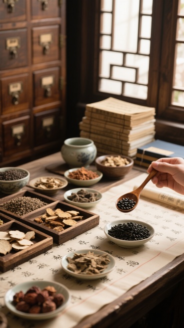 温暖柔和的自然光从古朴窗棂洒落，照亮中式木质药柜前的工作台，多种不同形态的中药材（如颗粒状、切片状、果实类）被分类盛放在木质托盘和浅碟中，一只手正用木勺将黑色种子类药材从托盘舀起，背景可见堆叠的线装古籍和盛放完整药材的陶瓷碗，桌面上铺着写有古朴文字的宣纸，整体呈现出写实的传统中医药氛围，色调以暖棕色、米色和深褐色为主，光线柔和细腻，细节丰富，具有浓厚的东方传统文化韵味和沉静专注的工作场景感。预览效果