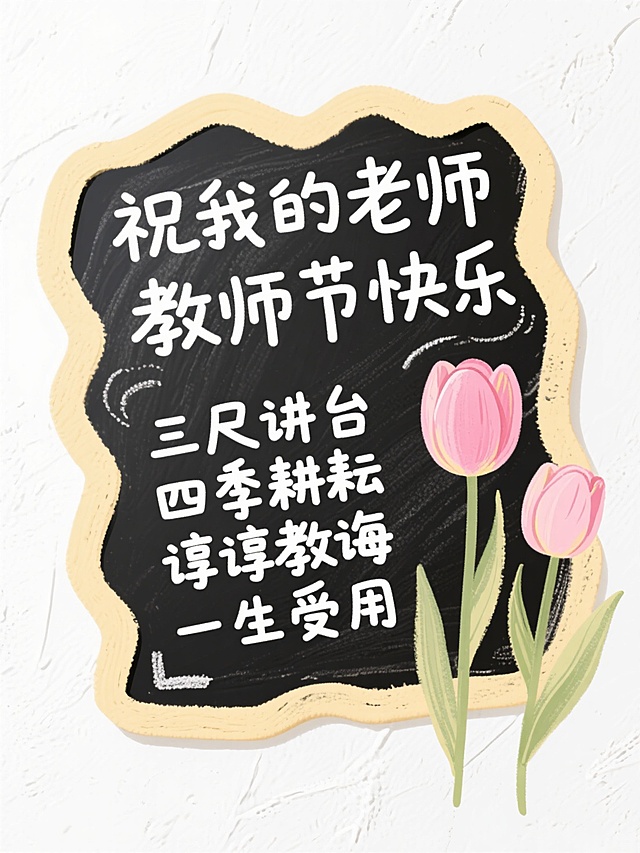 粉笔涂鸦风，肌理感白底，浅黄不规则圆角矩形粉笔文本框（黑板质感），白字文案“祝我的老师 教师节快乐  三尺讲台 四季耕耘 谆谆教诲 一生受用”，点缀粉色手绘郁金香