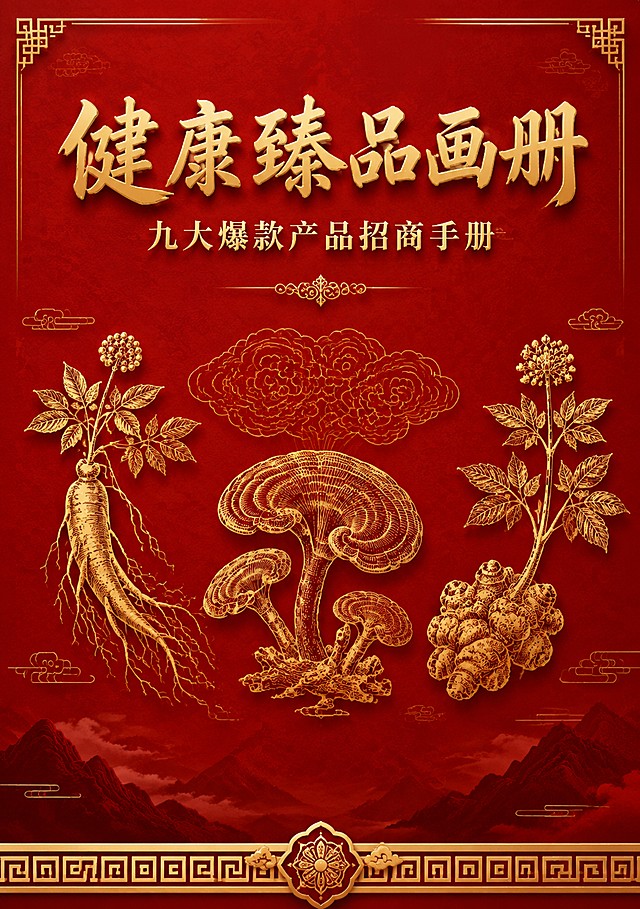 A4竖版产品画册封面，中式国风高端设计风格。画面主色调为中国红搭配金色，典雅大气。顶部居中位置是大标题"健康臻品画册"，金色立体书法字体，下方副标题"九大爆款产品招商手册"，稍小的金色字体。画面中央偏上位置有精致的中式祥云纹样和灵芝、人参、三七等中药材元素的金色线描插画，呈对称分布，营造中医药文化氛围。底部有装饰性的中式回纹边框。整体画面层次感强，高端质感，适合大健康中医药行业招商画册封面。版式精美，留白得当，2K高清画质。画面中所有文字必须清晰可读，数字精确渲染。