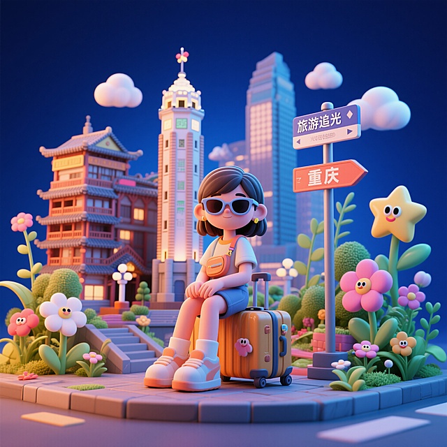 旅游追光少年，3d卡通风格，深蓝色背景，立体微缩景观，正视图构图。一个时尚女孩戴着墨镜坐在行李箱上，她的旁边是一个小型指路牌，上面有文字“重庆”，她的身后是重庆的地标建筑微缩模型，包括解放碑和洪崖洞，周围环绕着生长的植物和花朵，身边有卡通拟人化的星星、花朵、云朵作为装饰，整体风格青春有活力，搭配青春气息的多巴胺色彩，采用OC渲染，光线追踪技术，画面明亮，细节丰富，色彩鲜艳