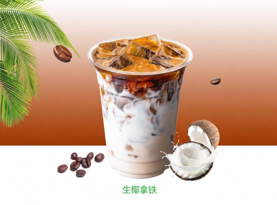 去除图片中杯子上的绿色四叶草标志、COFFEE和WE LUCKY文字，以及底部的WE LUCKY COFFEE字样，保留饮品名称生椰拿铁和其他所有元素，保持整体风格和原图一致预览效果
