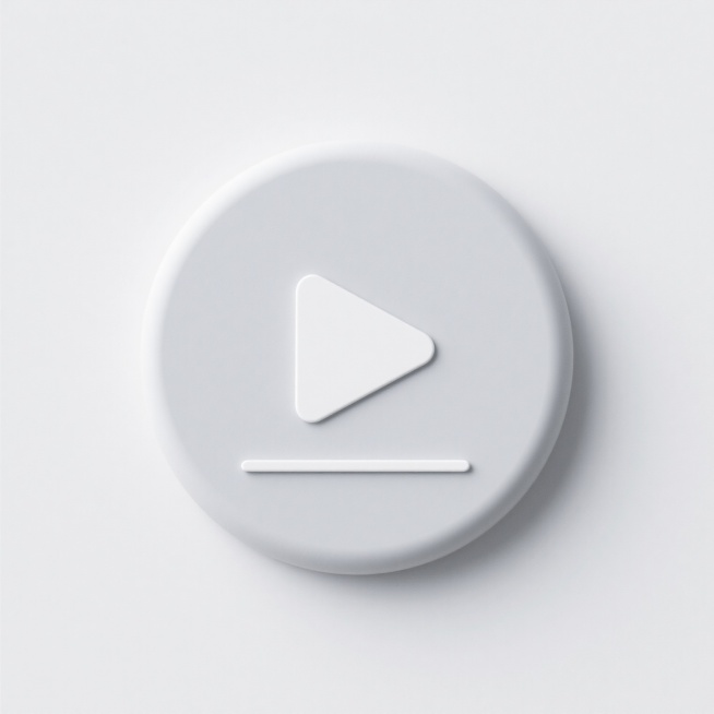 白色背景上的极简主义播放按钮设计，圆形浅灰色按钮主体，中央有一个白色的正三角形播放图标，三角形底边水平，顶点朝右，整体采用扁平化设计风格，线条简洁流畅，无阴影无渐变，保持清晰的视觉层级和高效的信息传达。预览效果