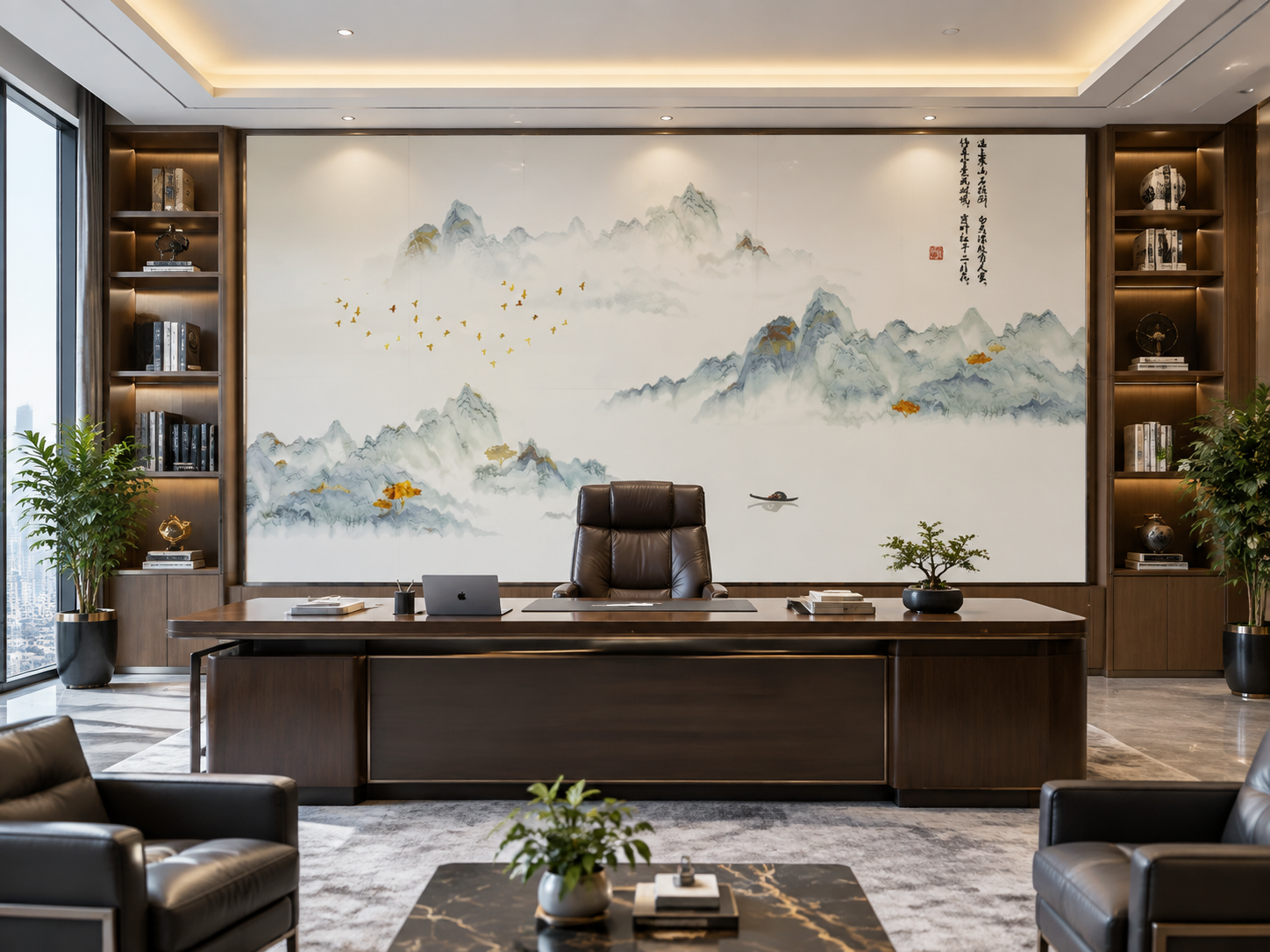 将这张刺绣硬包背景墙图安装在宽敞明亮、高端大气的总裁老板董事长… - 图片创意预览
