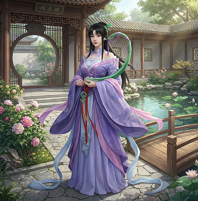 「图片1」「图片1」把这张图变成真人风格的，中国古风真人风格，加上古代背景