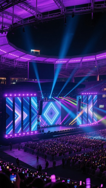 夜晚的大型演唱会现场，巨大的露天体育场被紫色和蓝色的灯光照亮，体育场顶部结构有规律地排列着明亮的灯带，舞台背景是由多块大型LED屏幕组成的壮观画面，屏幕上展示着动感的几何图形和绚烂的光效，舞台前方和上方有多束彩色激光和射灯交错射出，照亮整个场地，台下坐满了密密麻麻的观众，观众席上闪烁着无数手机灯光，形成一片星海，整体画面充满动感、震撼的氛围，光影效果强烈，色彩以紫色、蓝色为主色调，营造出热烈、……预览效果