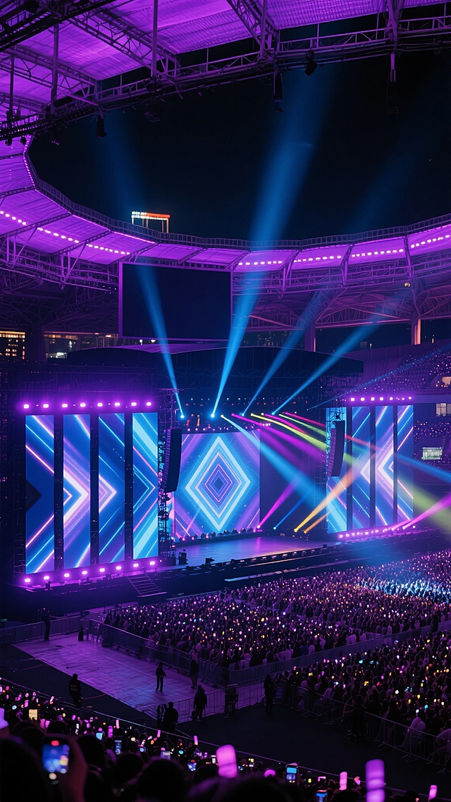 夜晚的大型演唱会现场，巨大的露天体育场被紫色和蓝色的灯光照亮，体育场顶部结构有规律地排列着明亮的灯带，舞台背景是由多块大型LED屏幕组成的壮观画面，屏幕上展示着动感的几何图形和绚烂的光效，舞台前方和上方有多束彩色激光和射灯交错射出，照亮整个场地，台下坐满了密密麻麻的观众，观众席上闪烁着无数手机灯光，形成一片星海，整体画面充满动感、震撼的氛围，光影效果强烈，色彩以紫色、蓝色为主色调，营造出热烈、梦幻的演唱会现场感。