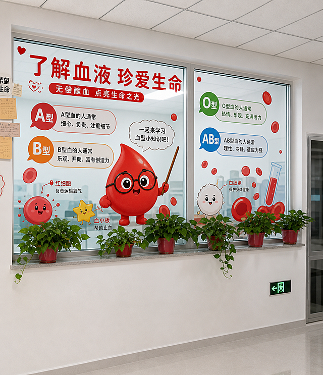 医院输血医学科的玻璃窗户贴纸设计，以可爱的红色血滴毛绒吉祥物IP为主要装饰元素，风格三：科普趣味风。玻璃上血滴吉祥物化身科普小达人，旁边有血型小知识气泡框（A型B型O型AB型），吉祥物戴着小眼镜拿着教鞭，周围有红细胞、血小板等卡通血液细胞小伙伴，标语"了解血液 珍爱生命"，趣味科普风格，色彩明快丰富，教育性与趣味性结合，玻璃贴材质，半透明彩印效果，贴在医院走廊的玻璃窗上，窗台上有绿色植物，真实场景摄影，自然光，高清细节