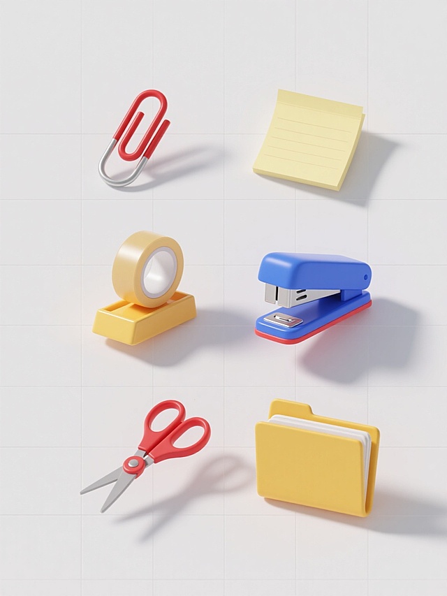 白色纯色背景，6个完全不同的办公用品元素（如回形针、订书机、便利贴、胶带座、剪刀、文件夹）以规整的网格状排布，每个元素均采用与原图一致的3D渲染风格，具有光滑的塑料质感、鲜明的色彩（可包含红色、蓝色、黄色等类似饱和度色调）、精确的光影投射（柔和的顶部光源，带有自然的阴影过渡）和简洁的形态设计，整体保持高度统一的视觉语言和专业的办公文具类目特征。