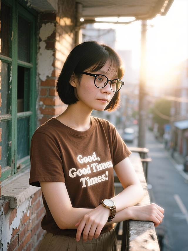 复古胶片风，东亚街巷实景，光影斑驳中透出质朴文艺感，人物静立窗边，暖色调与老旧砖墙呼应，营造怀旧时光氛围。