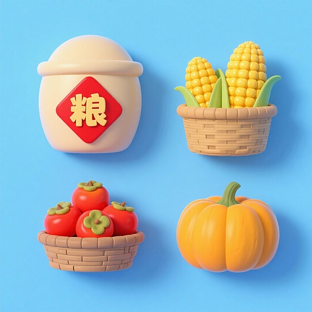 4个中秋素材组合，可爱电商促销感。素材包括：第一个粮仓（贴着带有 “粮” 字的红色菱形福字）；第二个一筐玉米；第三个一筐柿子；第四个南瓜。画面整体呈现鲜艳效果，淡蓝色背景。上下两行，排列整齐