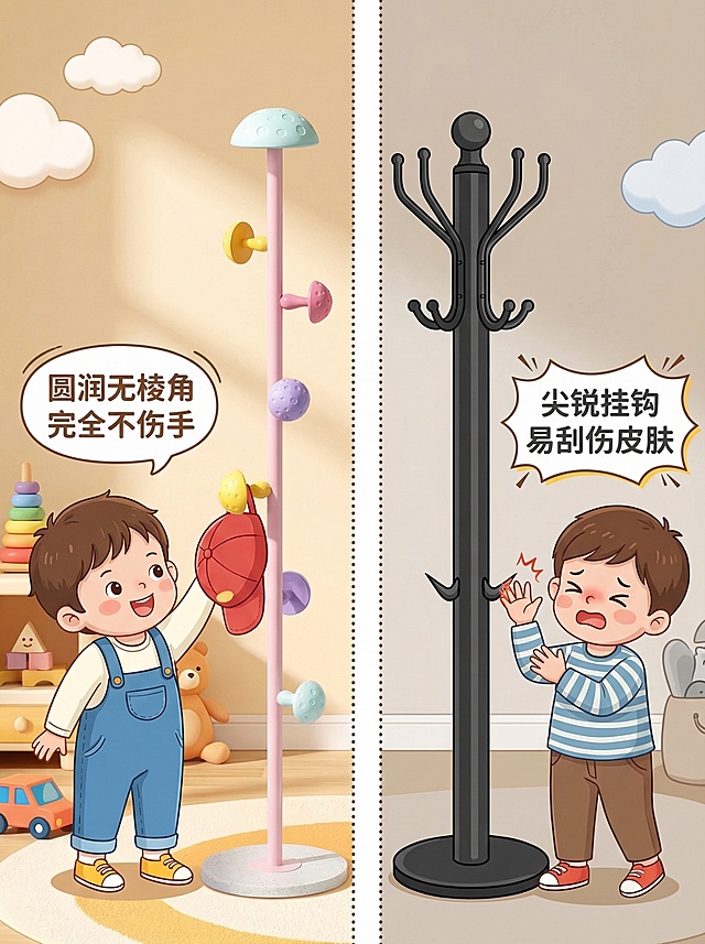 生成3:4比例的衣帽架安全对比图，左侧放置这款彩色蘑菇造型衣帽架，所有挂钩都是圆润的蘑菇头设计，旁边标注「圆润无棱角 完全不伤手」，搭配小朋友开心挂帽子的插画；右侧放置普通铁艺衣帽架，挂钩是尖锐的金属弯钩，旁边标注「尖锐挂钩 易刮伤皮肤」，搭配小朋友碰到挂钩疼得缩手的插画，风格明亮童趣，对比清晰。