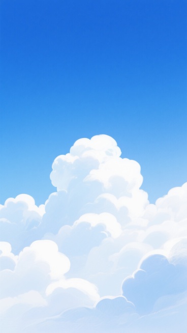 一张纯净的蓝天背景插画，天空呈现出由上至下从深邃的宝蓝色渐变为柔和的浅蓝色的自然过渡效果，底部点缀着形态蓬松、边缘柔和、层次丰富的白色云朵，云朵的体积感通过微妙的光影变化和半透明质感表现出来，整体画面清新明亮，充满宁静而愉悦的氛围，采用平滑细腻的数字绘画风格，色彩和谐统一，构图简洁大方，给人以开阔舒畅的视觉感受。预览效果