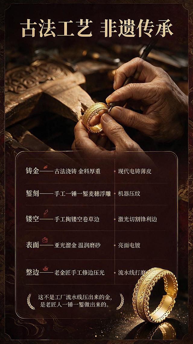 [商品] 使用【图1】【图2】古法麦穗金戒；保留戒指完整结构、纹饰、材质；戒指作为成品展示位于画面一角。
[画面] 古法工艺页，目标突出非遗手工錾刻与五大工序。竖版构图，画面上半部分为老金匠手持錾子在金戒上錾刻的手部特写（暖光氛围，匠人之手与金器的质感对比），画面右下角展示成品戒指。背景为深酒红色，带暗金色传统纹样边框。画面中部为古法工艺与普通金戒的对比表格，五行两列。
[视觉] 套系策略：风格=东方美学国风复古高端珠宝商业摄影；标题字=宋体衬线粗体；正文字=简洁宋体；主色=深酒红+哑光金；背景延展=基于深酒红做深浅渐变、暗金晕染、祥云暗纹肌理；强调色=赤金色，仅用于小面积图标、引线、标签和局部光效；标题色=哑光金；正文色=浅米金；组件=金线描边圆角信息卡、细线引线、麦穗纹装饰边；光影=暖黄侧光，匠人手部与金器高光突出。
[文字] 画面顶部主标题"古法工艺 非遗传承"。表格五行：1.铸金——古法浇铸 金料厚重 vs 现代电铸薄皮；2.錾刻——手工一锤一錾麦穗浮雕 vs 机器压纹；3.镂空——手工掏镂空卷草边 vs 激光切割锋利边；4.表面——亚光溜金 温润磨砂 vs 亮面电镀；5.整边——老金匠手工修边压光 vs 流水线打磨。表格底部一句话："这不是工厂流水线压出来的金，是老匠人一锤一錾做出来的。"文字均横向排版。
[规格] 图片比例9:16竖版，2K，避免变形、错字、文字过小、冷蓝/蓝灰背景、戒指颜色改变。画面中所有信息区域必须填充完整合理的内容，不得出现空白框、空白占位、横线待填写区域、空列表项、空单元格；确保是完整可用的成品详情页而非待填写模板。