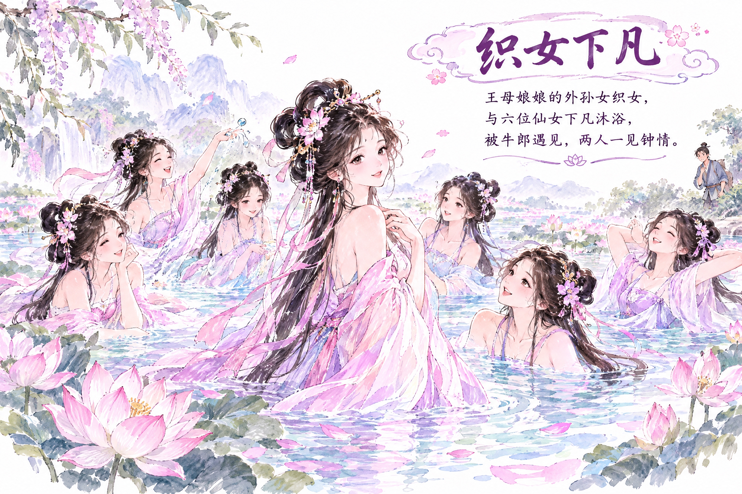 马克笔手绘风格，白底手绘风，牛郎织女故事第三页——织女下凡。画… - 图片创意预览