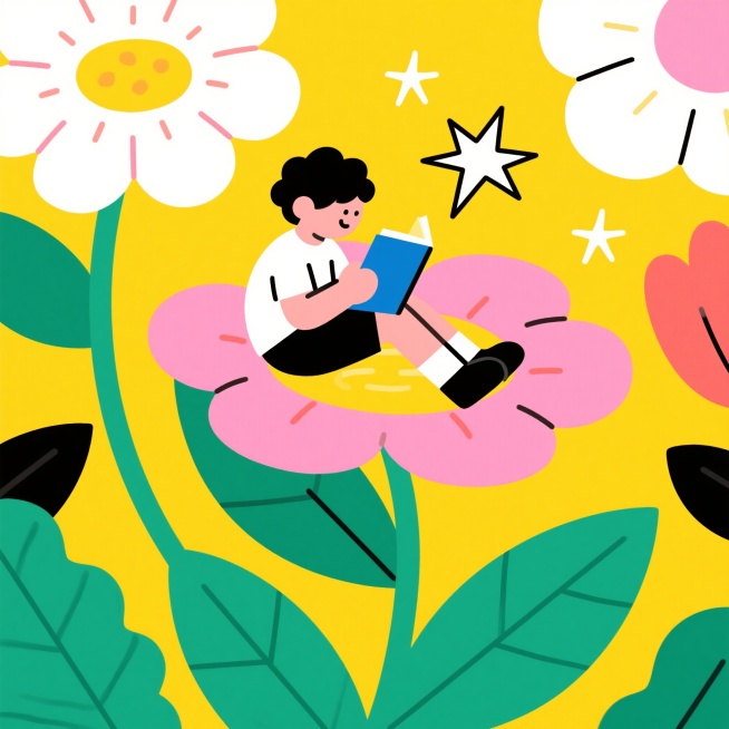 鲜花，小朋友坐在上面；一个人正坐在叶子上看书，一个人侧坐在花蕊上看书，周围爆炸星星，简单线条点缀；潮流感，撞色，鲜艳明快配色，黄色背景预览效果