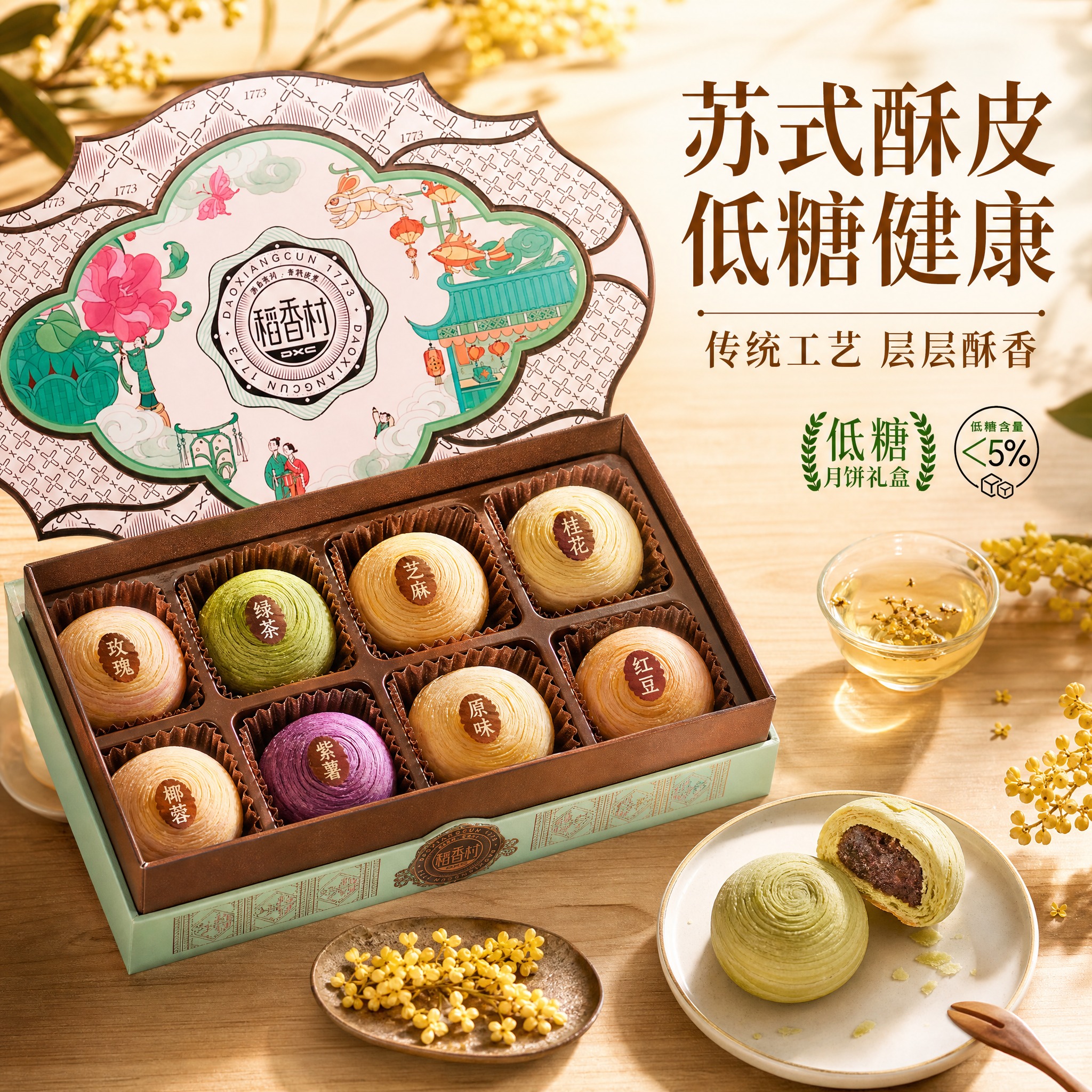 电商主图，稻香村低糖清韵月饼礼盒第二张。展示礼盒打开状态，内部… - 图片创意预览