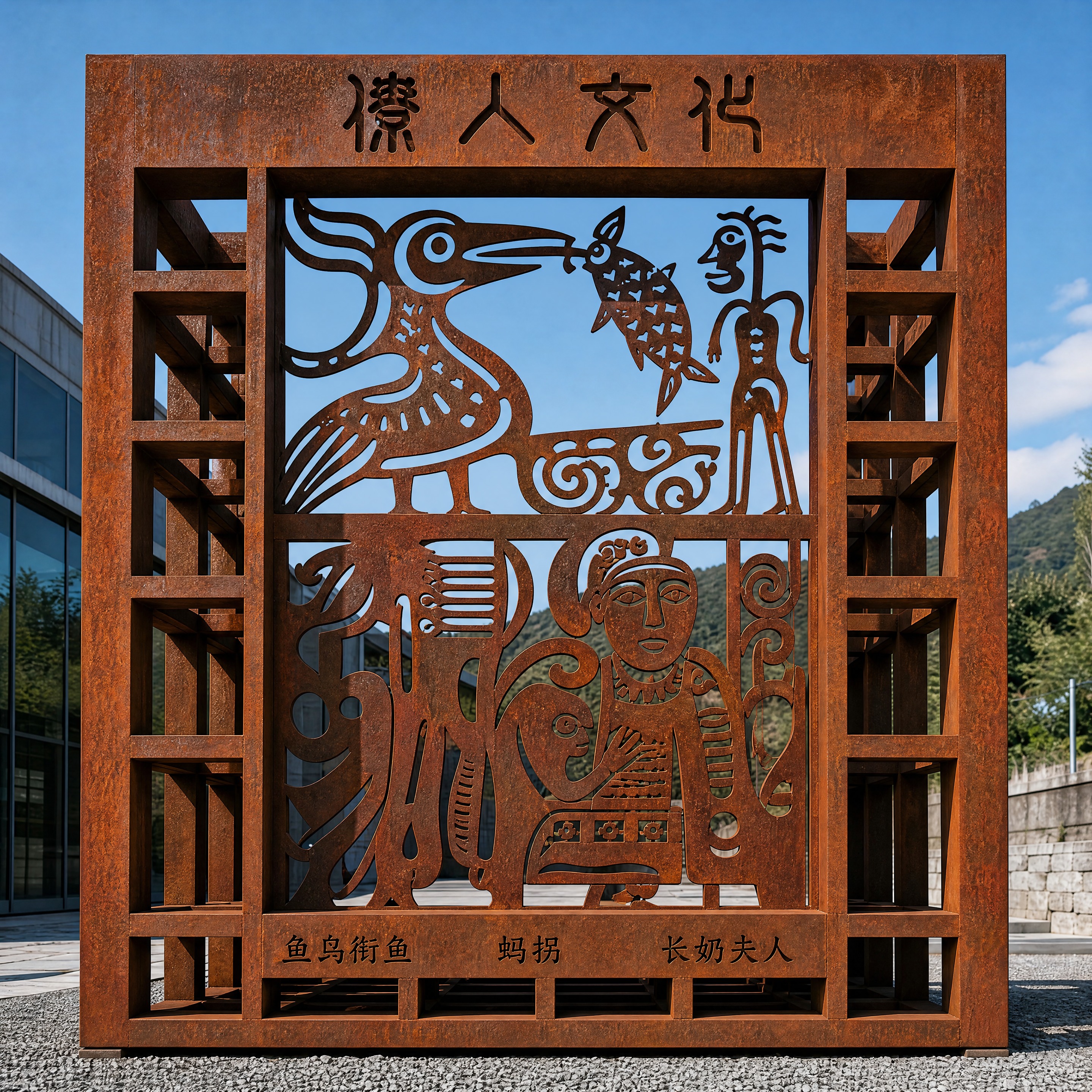 基于参考图的耐候金属板激光切割景观雕塑，中心镂空图案放大，占据… - 图片创意预览