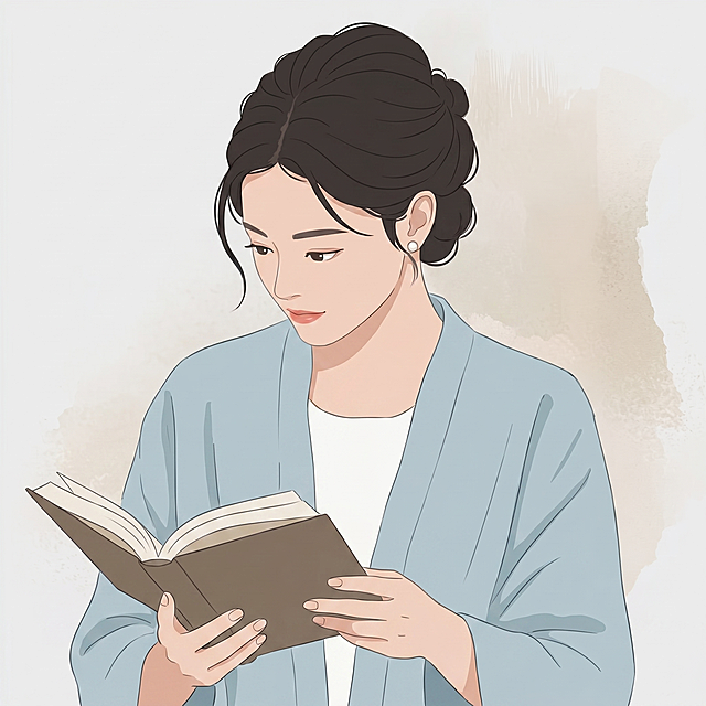将绘画风格改为韩系扁平插画绘画风格。把耳钉改成小珍珠耳钉，修复手指为正常手指，改为正常看书动作，其他内容和构图均保持不变
