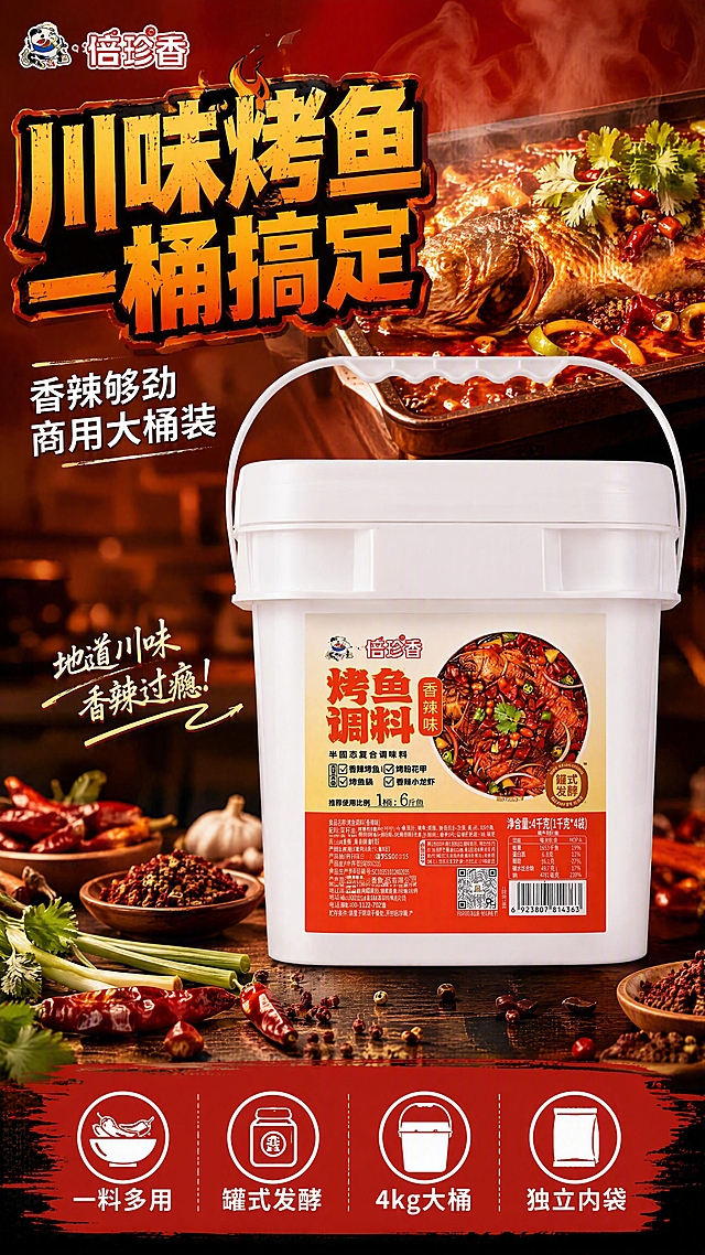 第1张 详情页头图-倍珍香香辣味烤鱼调料4kg桶装食欲氛围海报。本张使用【图1】作为商品主体。
[氛围/风格] 家常烟火气食欲海报风，红橙暖色调，拼多多接地气大字报风格，商业摄影质感，热气腾腾的川味氛围。
[元素布局] 白色桶装烤鱼调料置于画面中央偏右，占比约55%-60%，桶身标签、提手、白色桶体结构与输入图完全一致；左侧留标题区，底部为深色木质台面；前景点缀干辣椒、花椒、葱段、蒜瓣等食材，右上角有烤鱼成品小图露出，蒸汽升腾营造食欲感；背景为暖红色渐变，带轻微厨房虚化光斑。
[光影质感] 左上方暖光主照明，右侧辅光勾勒桶身边缘，底部自然投影，整体明亮通透，红油色泽鲜亮。
[配色色系] 全局底色 #C8201E 深红渐变；主色正红+橙黄；辅助色白色桶身、深棕台面、绿色香菜点缀。
[视角构图] 正面微仰视，产品为视觉中心，阅读动线左上标题→中部产品→底部卖点条。
[文字版式] 左上大标题区+中部产品+底部横条卖点。主标题「川味烤鱼 一桶搞定」，粗黑体大字，橙黄渐变描边；副标题「香辣够劲 商用大桶装」，白色小字；底部红色横条内4个白色图标+文字：「一料多用」「罐式发酵」「4kg大桶」「独立内袋」；字色以白+橙黄为主，全套统一此字体路线。
[比例分辨率] 9:16竖版比例，1080×1920，4K分辨率，文字清晰可辨。
[负向提示词] 桶身变形，标签文字错乱，颜色偏差，水印，文字过小，产品模糊，背景杂乱，极限词违禁词。
