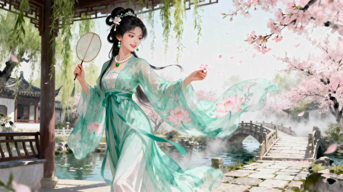 三国小乔，江南绝色古典美人，温婉娇柔清丽绝尘，鹅蛋脸明眸皓齿，黛眉轻弯眼波含情，琼鼻樱唇肌肤莹白胜雪，乌黑青丝挽流云发髻，簪碧玉珠花垂珍珠耳坠；身着水绿轻纱襦裙，广袖绣浅粉莲纹，纤腰楚楚身姿窈窕，轻执预览效果