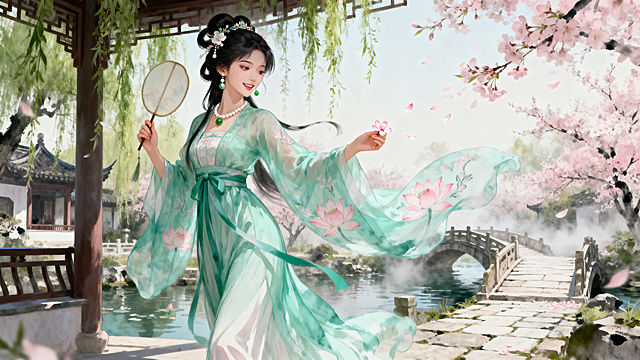 三国小乔，江南绝色古典美人，温婉娇柔清丽绝尘，鹅蛋脸明眸皓齿，黛眉轻弯眼波含情，琼鼻樱唇肌肤莹白胜雪，乌黑青丝挽流云发髻，簪碧玉珠花垂珍珠耳坠；身着水绿轻纱襦裙，广袖绣浅粉莲纹，纤腰楚楚身姿窈窕，轻执素面团扇，缓步垂眸浅笑，柔荑轻捻桃花瓣，身姿轻盈衣袂翩跹，温婉回眸姿态娴雅；身处江南春日庭院，亭台水榭旁垂柳依依，桃林落英缤纷，小桥流水潺潺，薄雾轻笼青石板路，采用厚涂与水墨晕染结合的数字绘画风格，色彩柔和，光影细腻，游戏cg风格，细节丰富