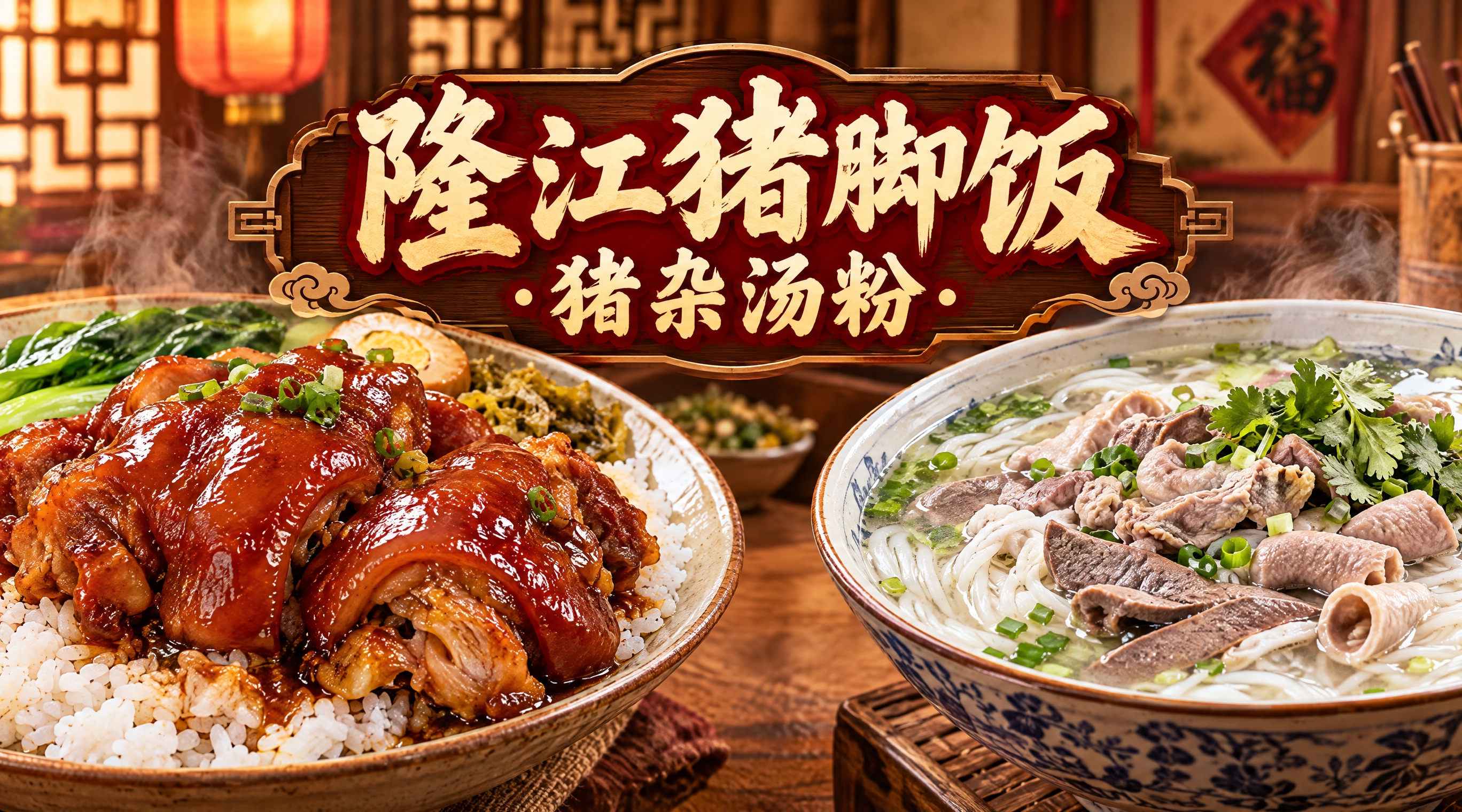 隆江猪脚饭猪杂汤粉店铺店招设计，横版构图。左侧是诱人的隆江猪脚… - 图片创意预览