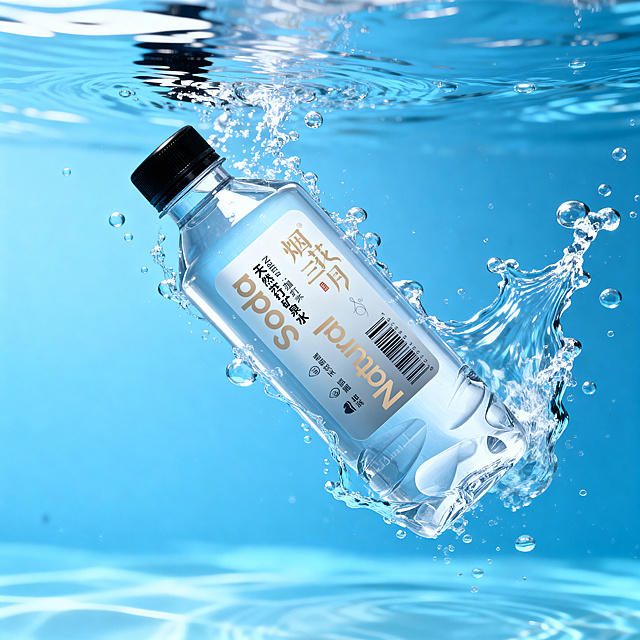 基于输入的矿泉水瓶产品图，生成瓶子掉落水中的场景图，参考第二张图的风格，相似度50%。保持瓶子主体物理结构不变，保持瓶身文字和Logo原样不变。瓶子整体刚体旋转倾斜，参考参考图的对角线构图，瓶子刚落入水中产生动态水花和气泡，清澈蓝色水体，商业高调摄影，柔和漫射光，经典侧逆光勾勒轮廓，低饱和度蓝色调，前中后景层次分明，动态水流元素，通透干净，4K画质。负向提示词：瓶身扭曲，Logo变形，瓶身文字错误，缺失部件，畸变透视，比例失调，死黑阴影，硬光，多余文字，水印